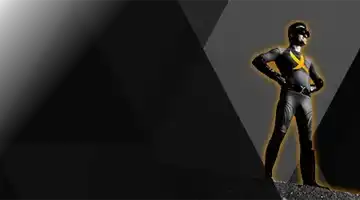 Изображение персонажа-супергероя в эффектной позе на темном фоне, рекламирующего бонус за пополнение от Bitzamo с драматичной и уверенной позой.